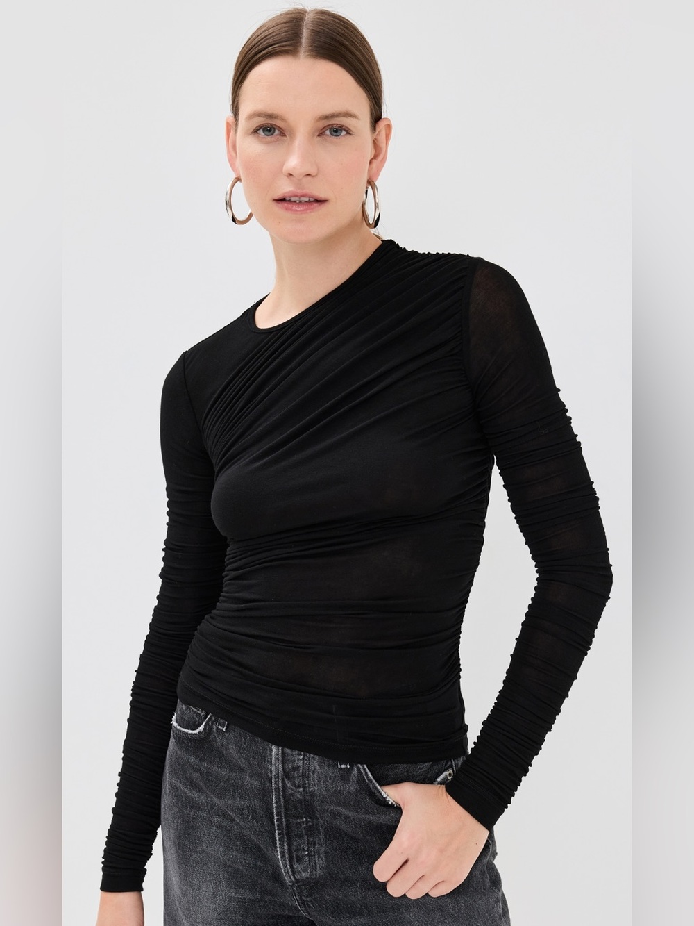 Agolde black Tania twist long sleeve top size medium ruched Lyocell stretch